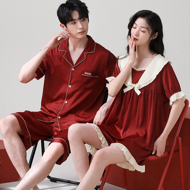 【礼盒装】缎面冰雪丝结婚睡衣新婚情侣套装夏季短袖喜庆红色家居服