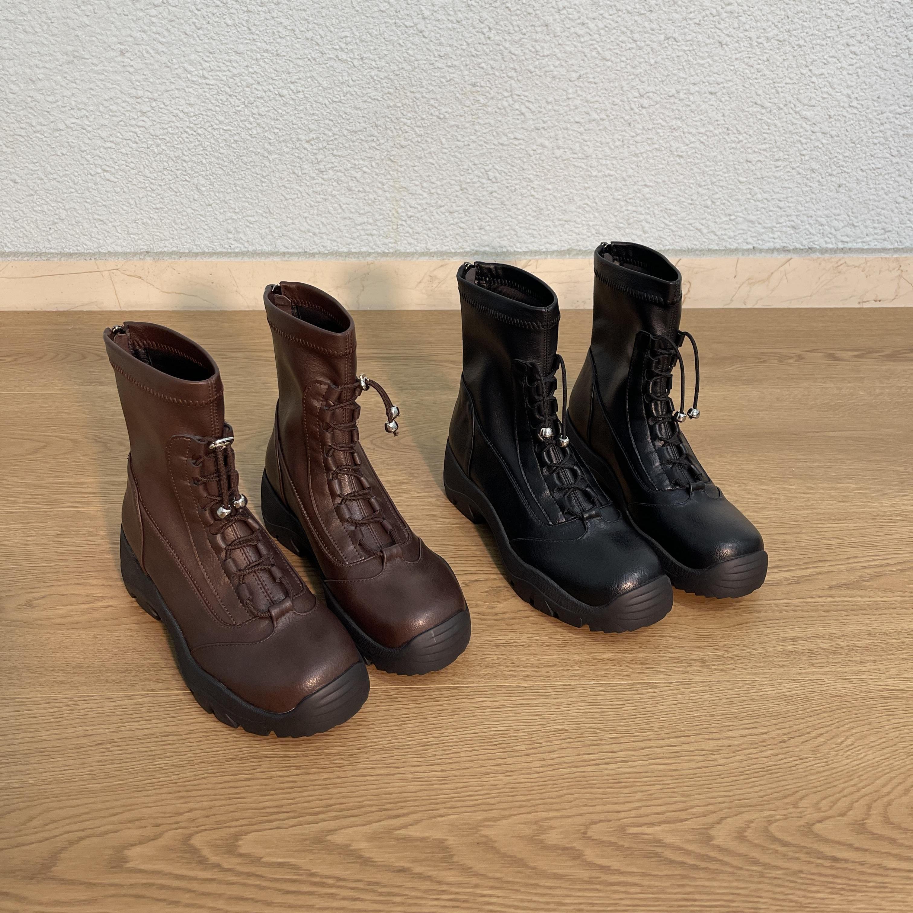 短筒靴女休闲运动风新款瘦瘦弹力靴简约交叉系带复古厚底增高短靴