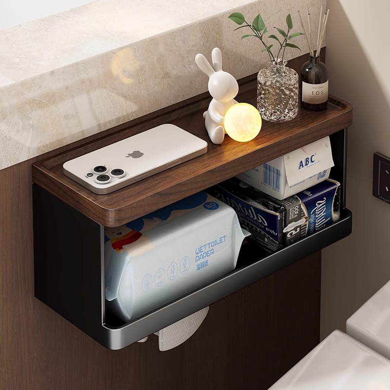 胡桃木卫生间纸巾盒免打孔厕纸盒姨妈巾卫生纸置物架马桶旁卷纸架