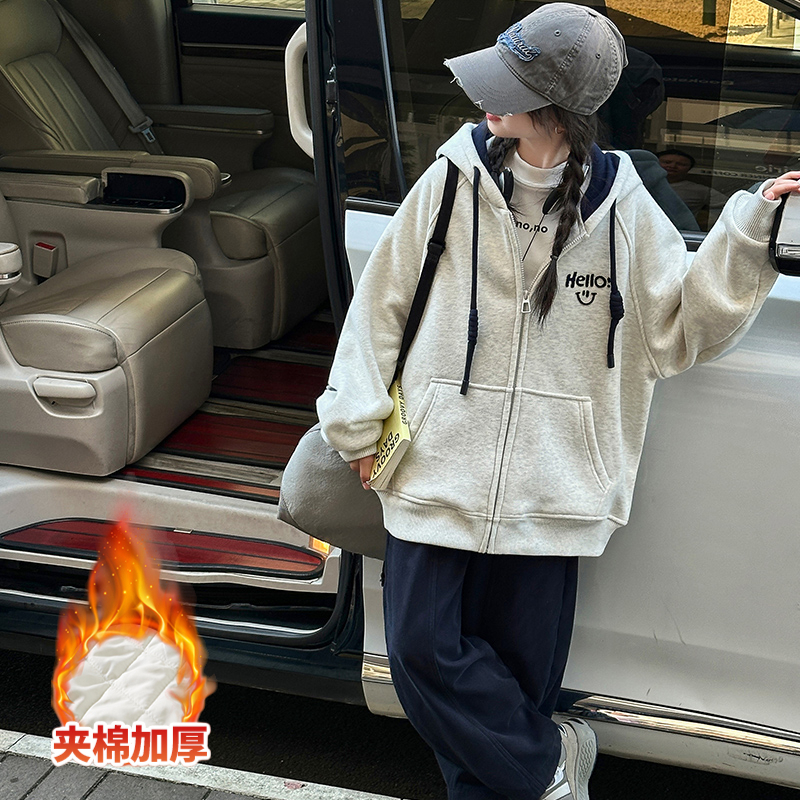 女童外套秋冬加绒韩版洋气15岁女大童连帽加厚休闲儿童衣服秋冬款