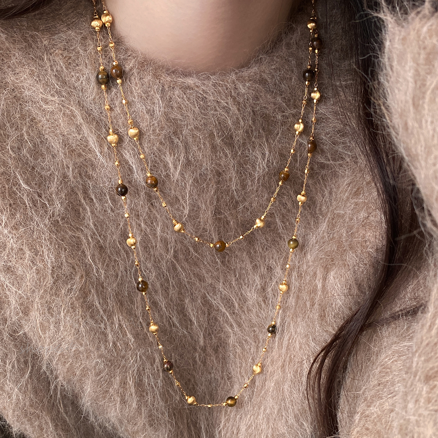 铜合金项链 双层叠戴虎眼石项链女轻奢秋冬长款毛衣链美拉德配饰