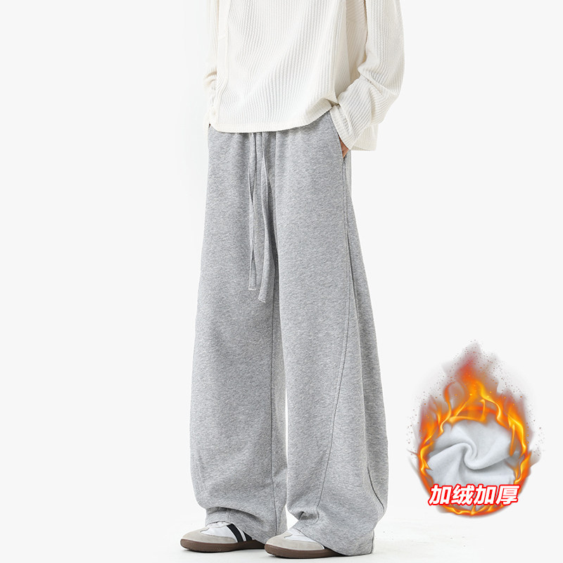 美式高街弯刀休闲裤子男秋冬加绒宽松加厚运动卫裤重磅垂感直筒裤