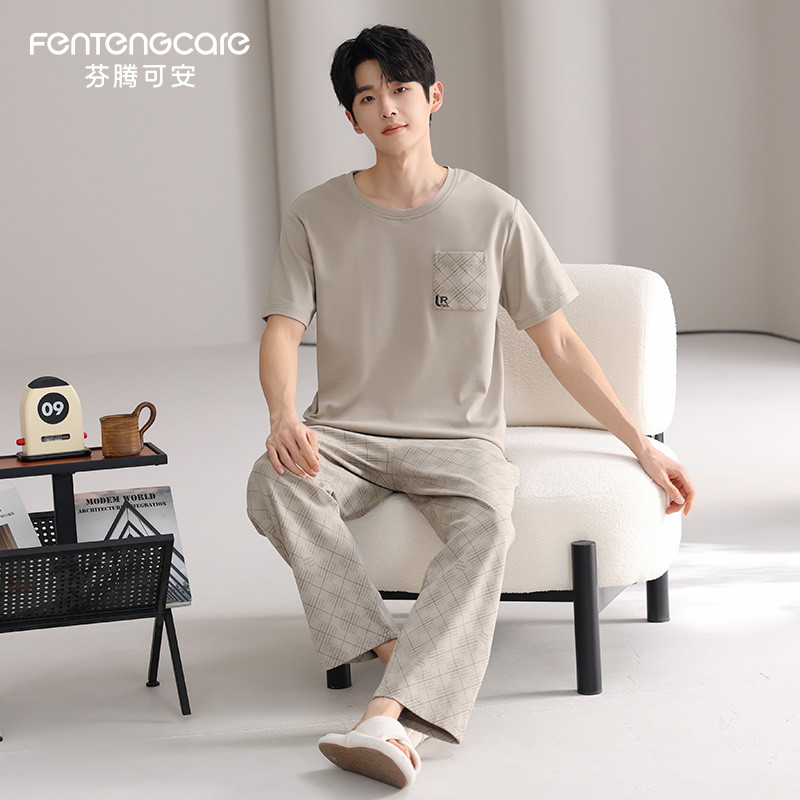 芬腾可安2025新款夏天薄款纯棉男士睡衣夏季大码可外穿家居服套装