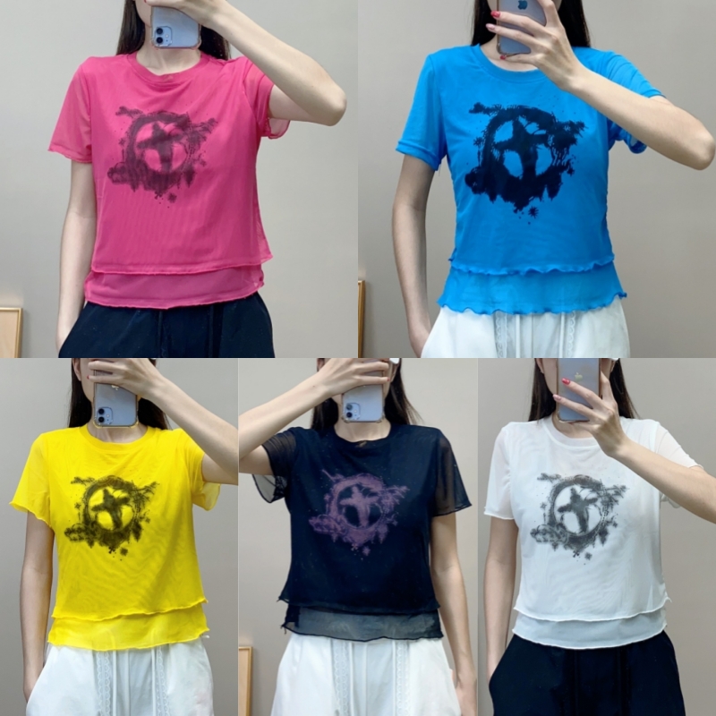 夏季新款双层冰感网纱短袖上衣广场舞曳步舞跳舞衣服时尚百搭ins