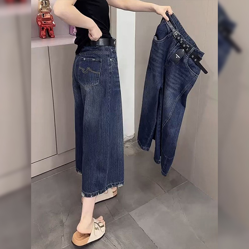 蓝色八分阔腿牛仔裤女秋季新款大码梨型身材小个子高腰遮跨直筒裤