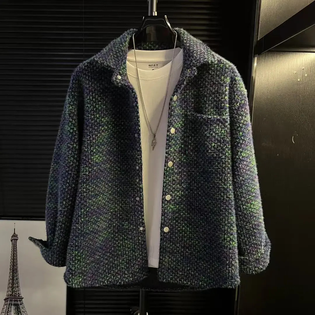 男士港澳秋季格子小香风外套编织设计时尚潮流宽松休闲百搭