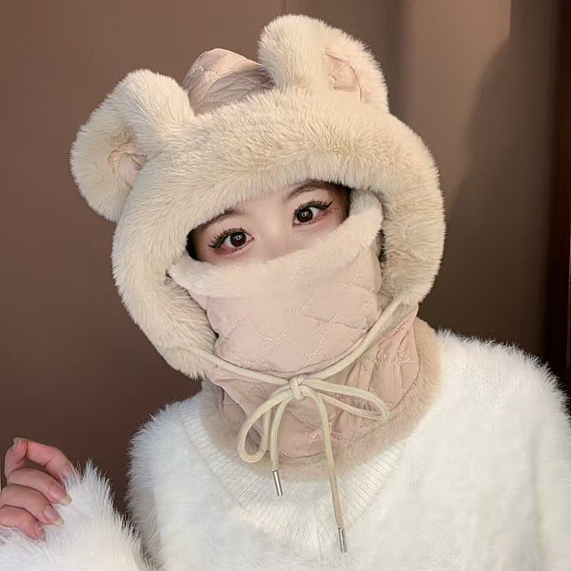 2025新款骑电车防风帽子秋冬季护耳雷锋帽包头显脸小毛绒围脖口罩