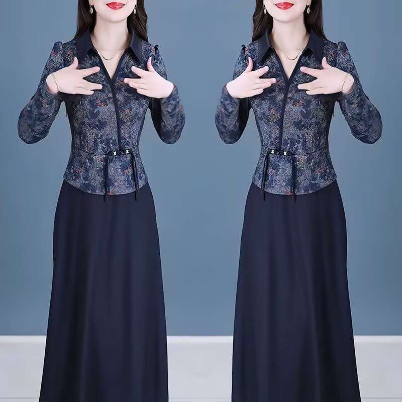 年妈妈时尚洋气礼服裙休闲春秋新款假两件套减龄显瘦碎花连衣裙.