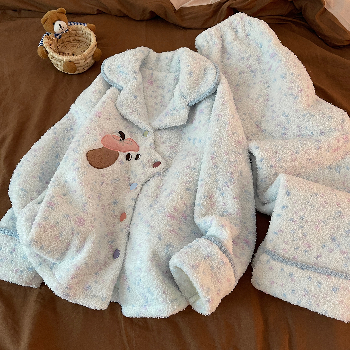 2025新款半边绒韩系睡衣女冬季加绒加厚蓝色小狗保暖珊瑚绒家居服