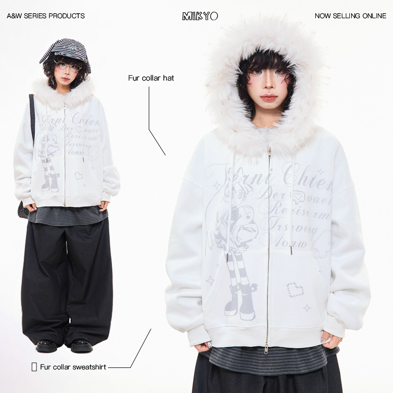 MIKYO Y2K卡通少女毛领连帽卫衣女秋季慵懒休闲宽松亚比开衫外套