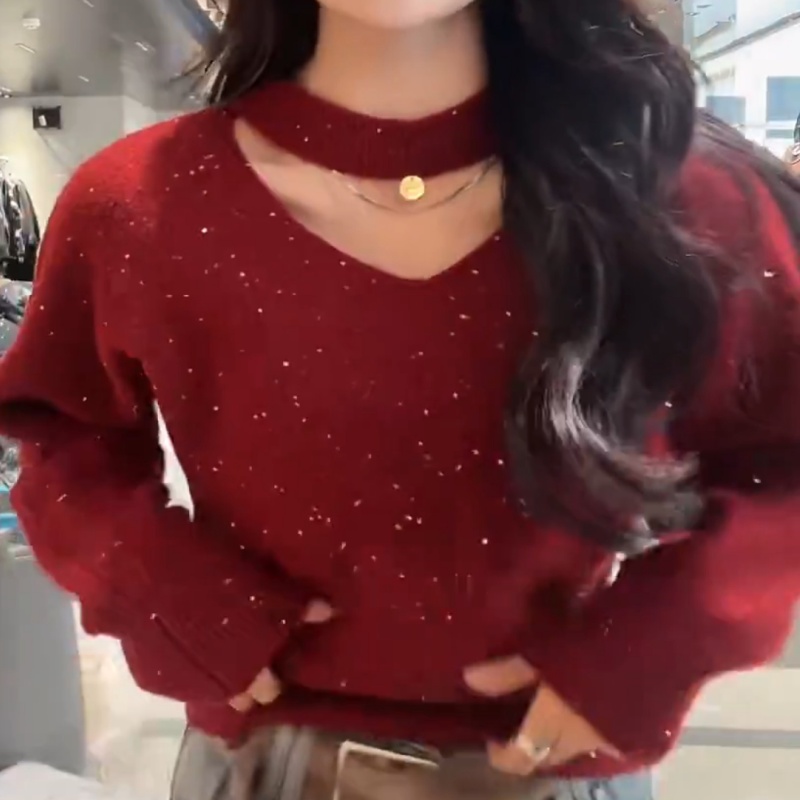 【闪闪亮亮】冬季法式高级感挂脖毛衣新女款上衣毛衣LK2508829