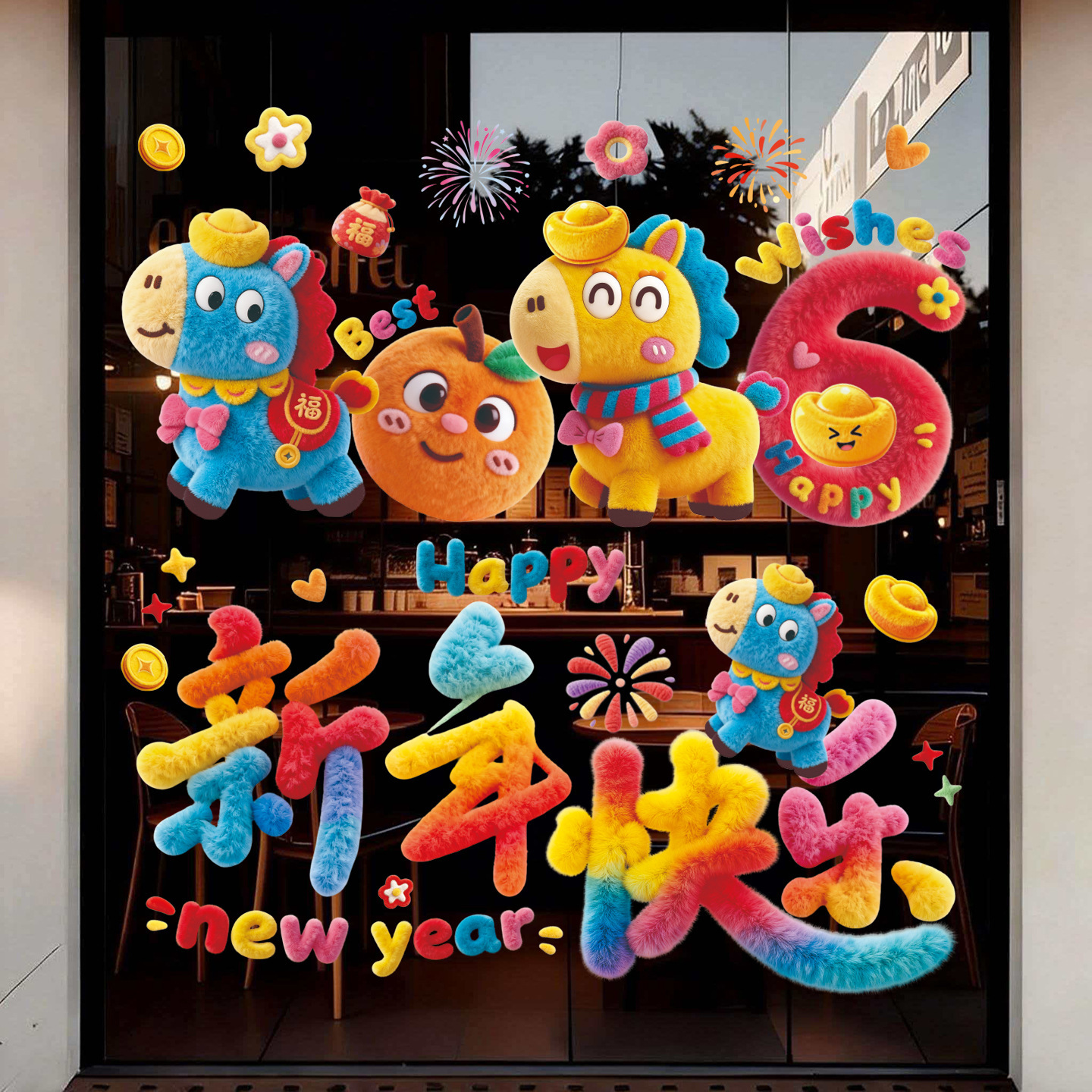 2026马年裸眼5D毛绒视觉质感可爱小马静电贴橱窗玻璃装饰过年窗花