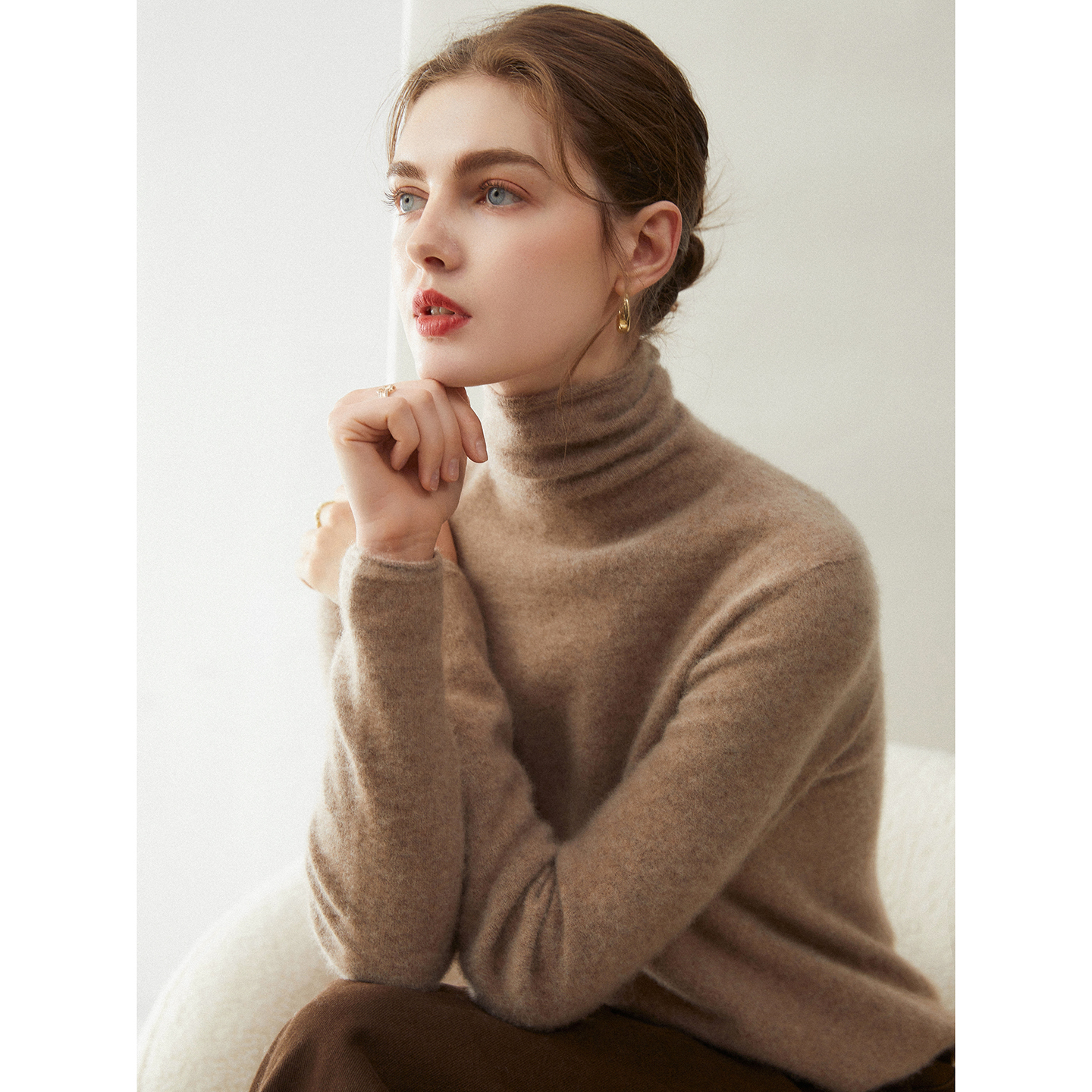 戎美百保暖护颈100%羊绒衫女堆堆领宽松亲肤针织毛衣打底衫纯色