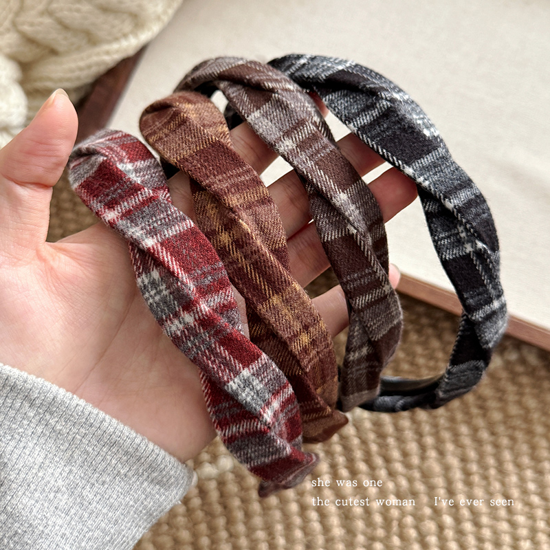 学院风布艺格纹麻花发箍女秋冬百搭发卡高颅顶头箍洗脸压发捆发饰