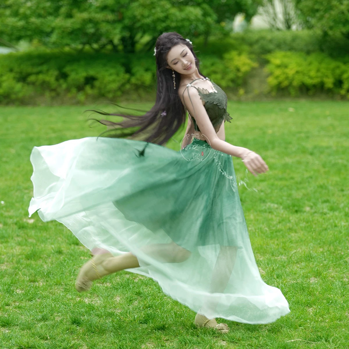 无尽夏婳之歌韩婳树叶吊带森林系梦幻温柔仙气飘逸古典舞服大摆裙