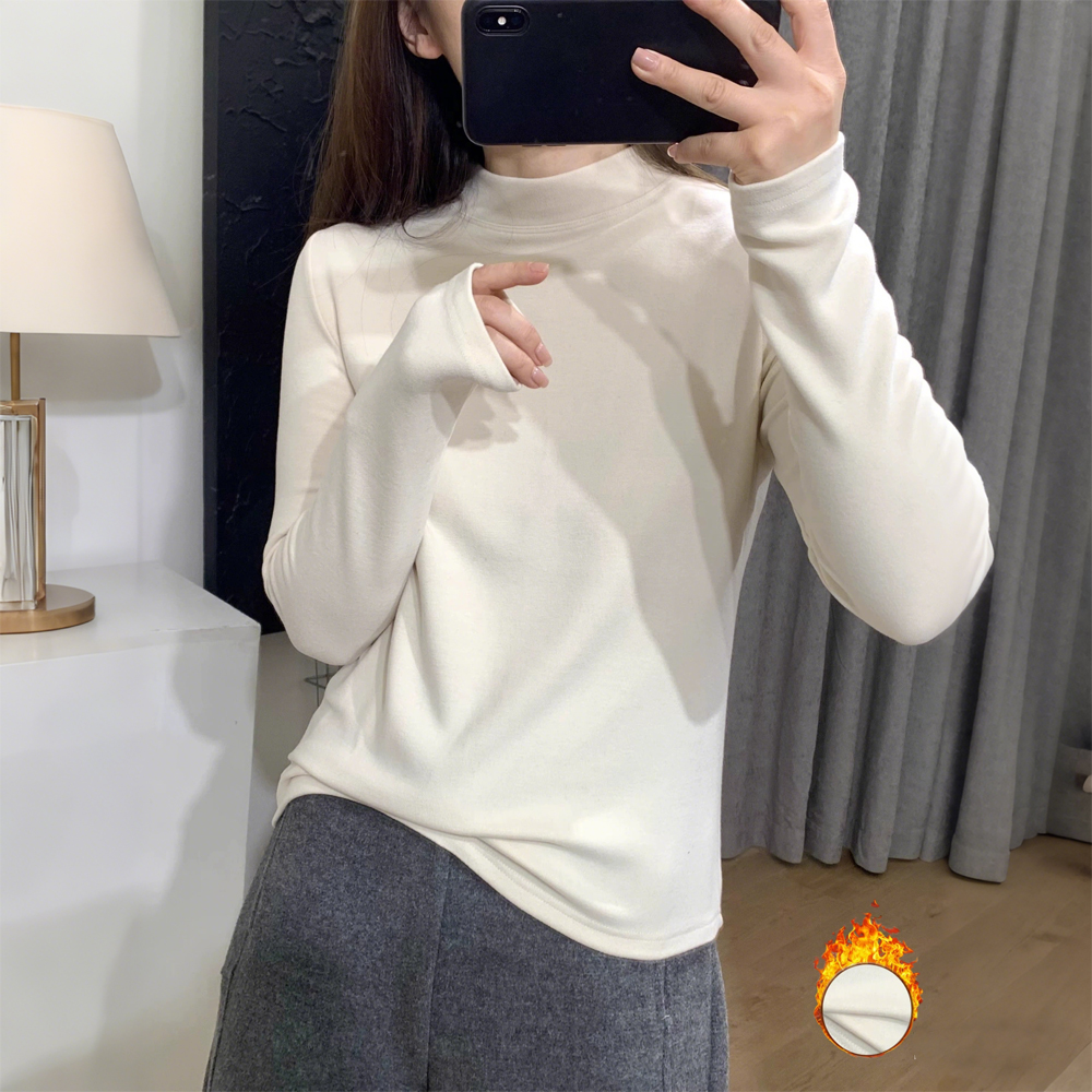 秋冬新款德绒磨毛半高领长袖T恤女修身保暖打底衫休闲百搭上衣潮