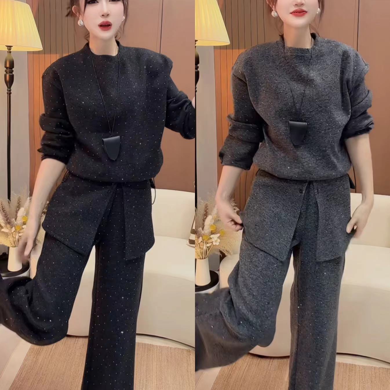 休闲风女装INS风时尚卫衣+阔腿裤+围裙三件套法式轻奢