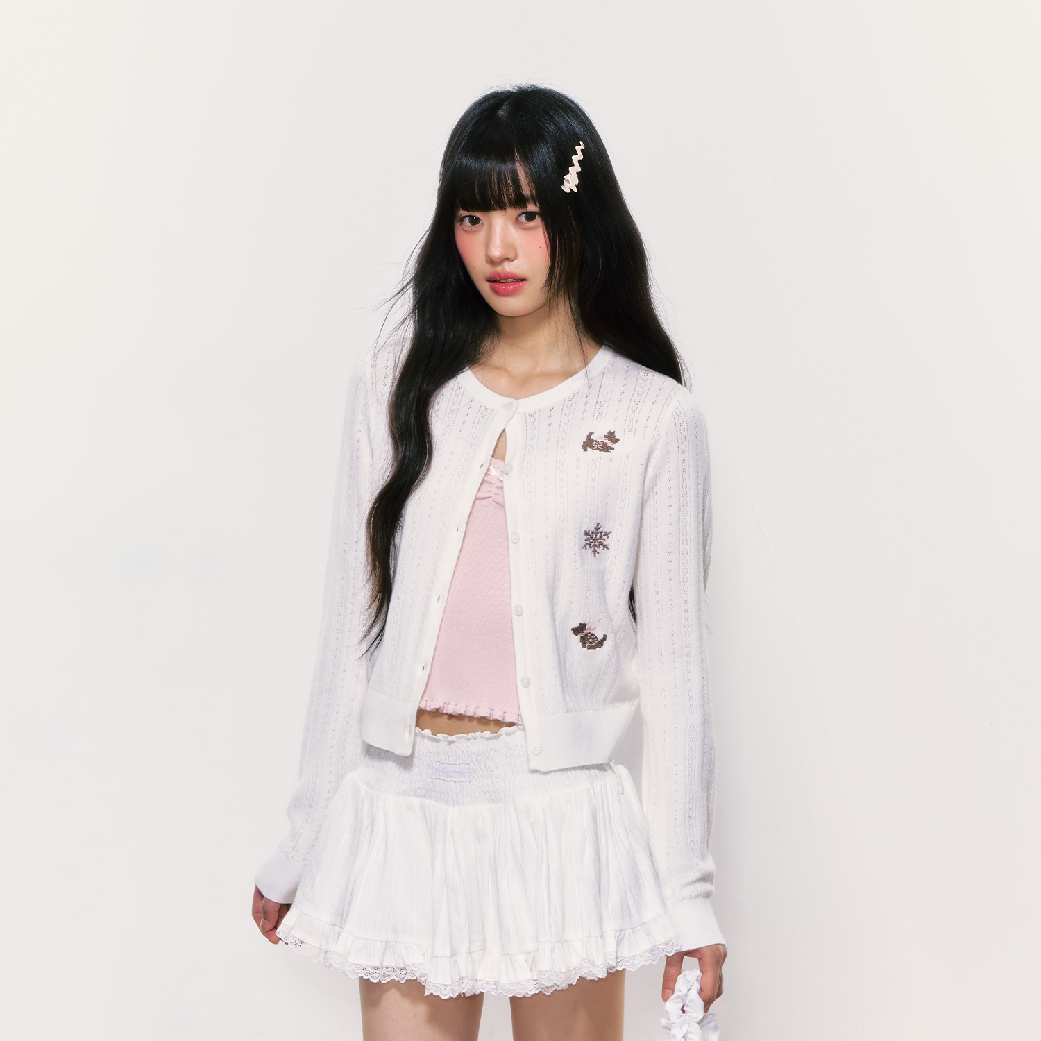 WEEKEND HUB狗狗绣花针织开衫2025秋韩系穿搭外搭镂空上衣外套女