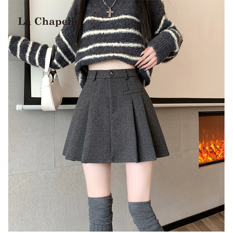 拉夏贝尔秋冬新款高腰加厚呢半身裙显瘦A字裙防走光休闲百褶裙女