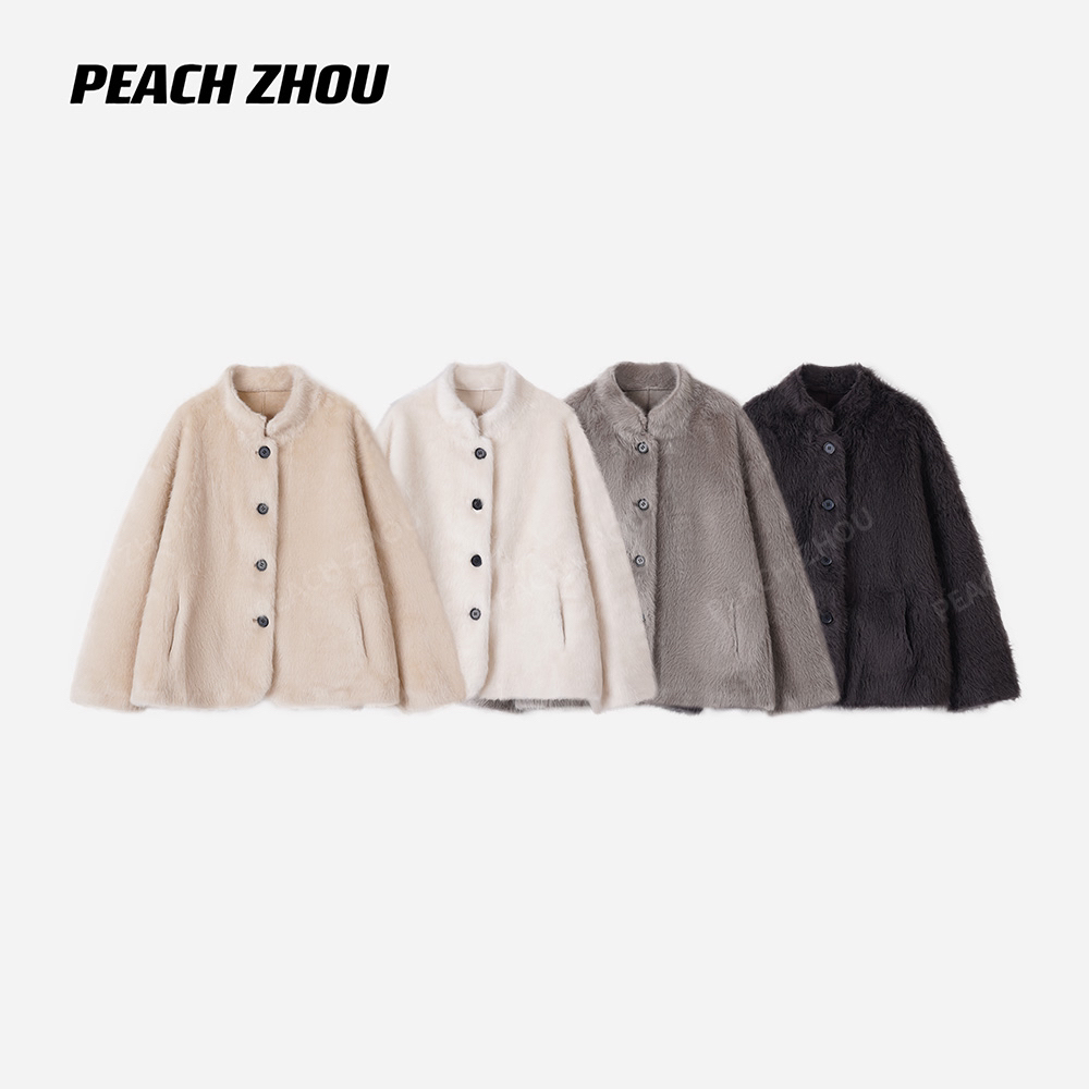 PEACHZHOU 100羊毛'年终回馈必入战袍'长毛宽松保暖立领毛呢外套
