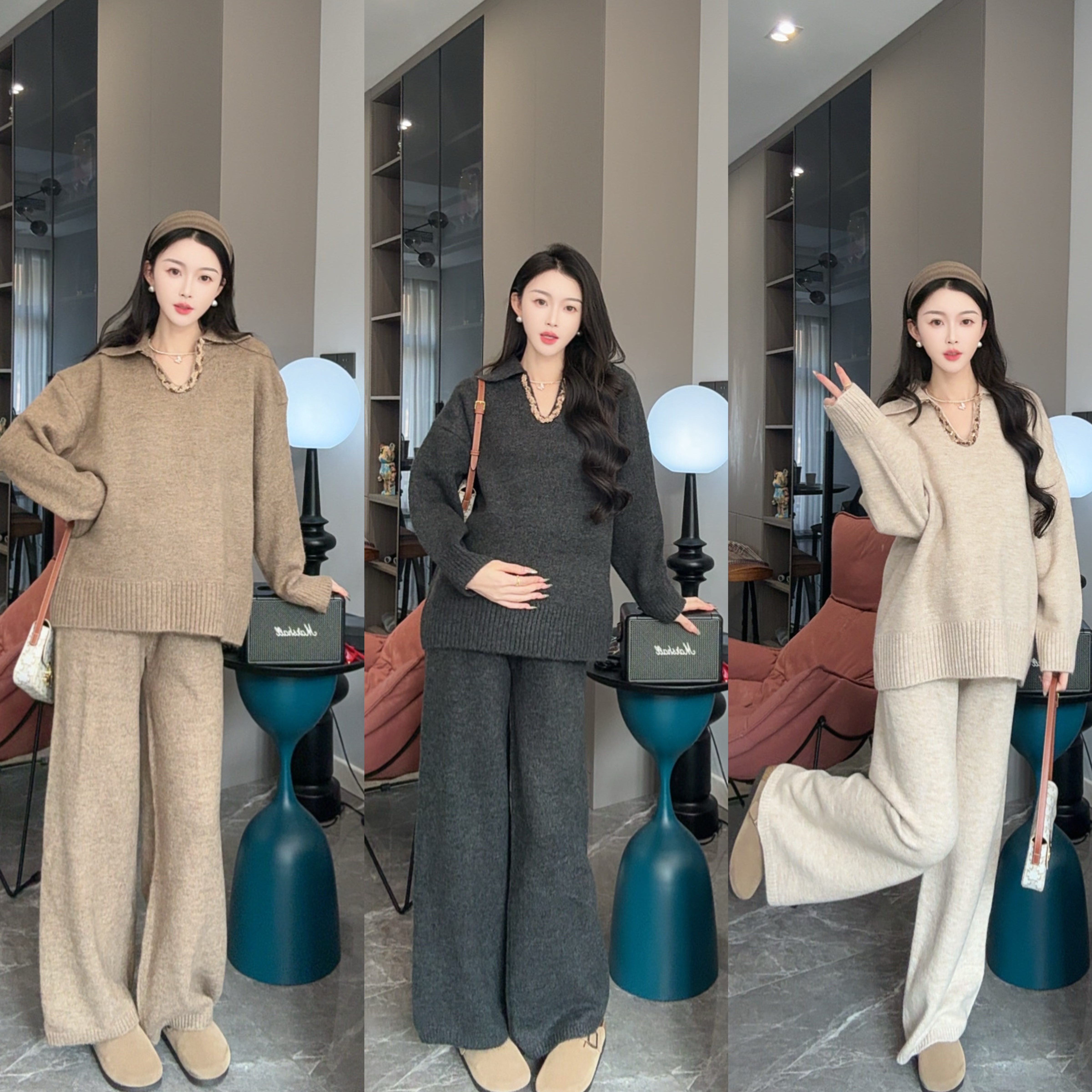 2025秋冬新款孕妇装秋冬加厚翻领v领编织套头毛衣阔腿裤休闲套装