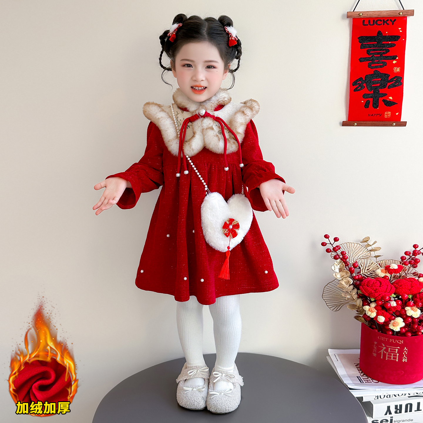 女童加绒连衣裙秋冬季新款儿童国风盘扣旗袍裙宝宝喜庆过年公主裙