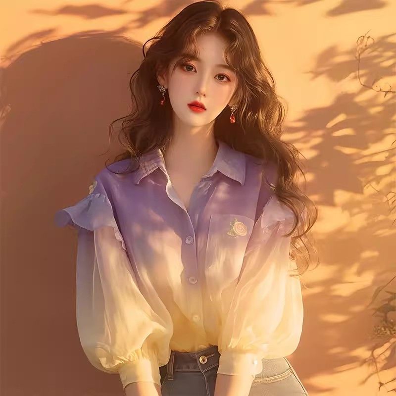 紫色雪纺衬衫春装女款新款时尚小众独特别致泡泡袖渐变撞色上衣