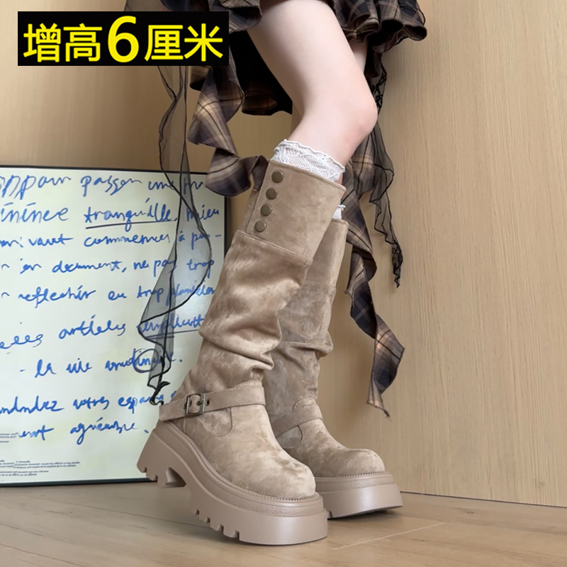 美拉德不过膝靴子女2025新款秋季复古百搭显瘦增高厚底西部骑士靴