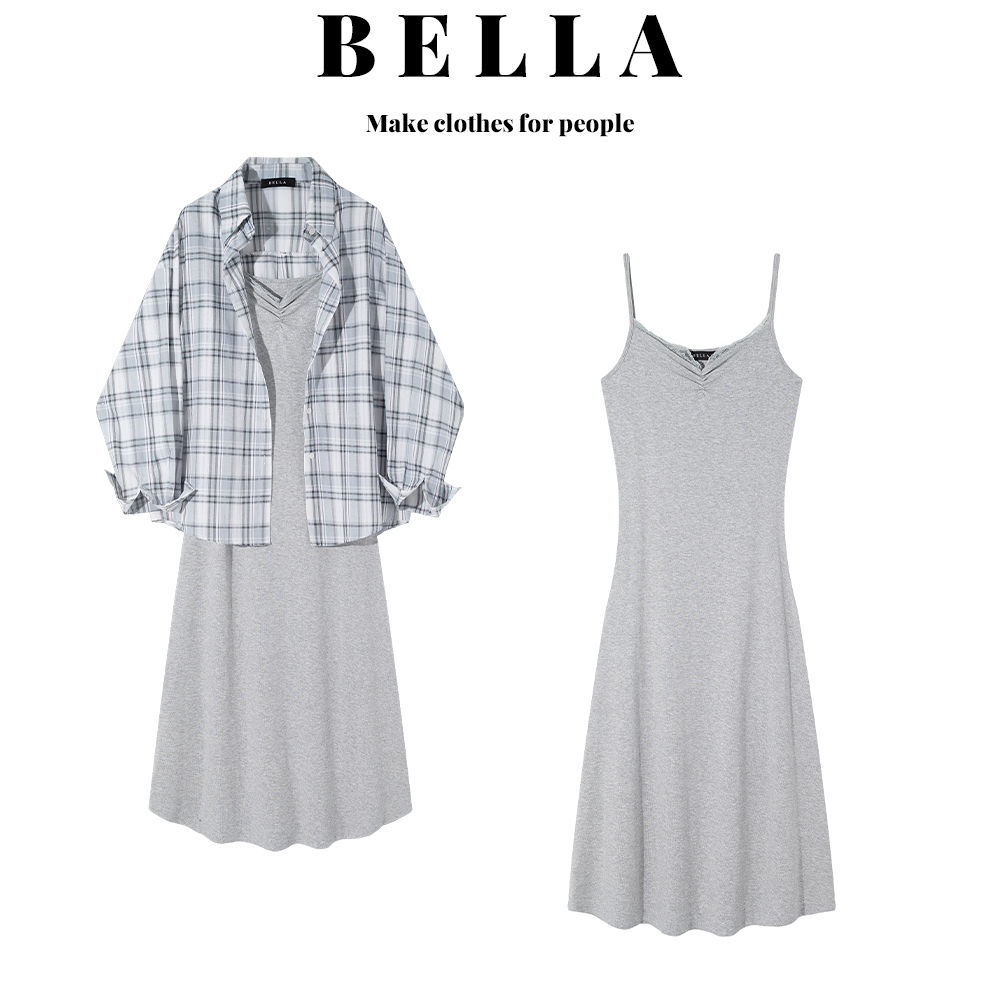 BELLA韩系气质蕾丝v领吊带连衣裙女夏季格子防晒衬衫长裙两件套装