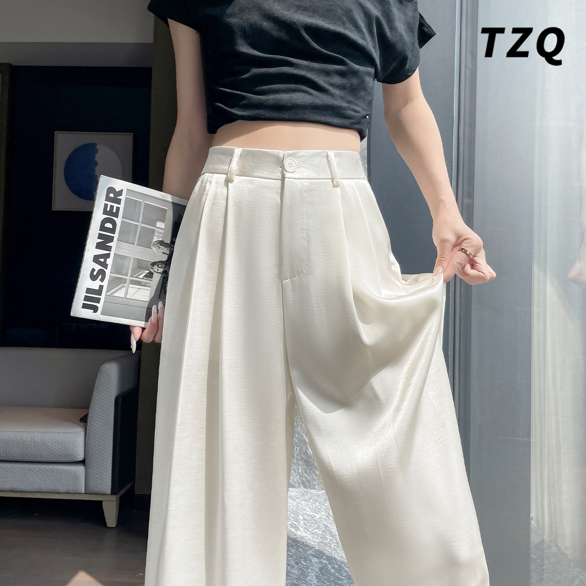 杏色醋酸缎面冰丝阔腿裤女秋季宽松直筒垂感拖地西装裤TZQ2553043