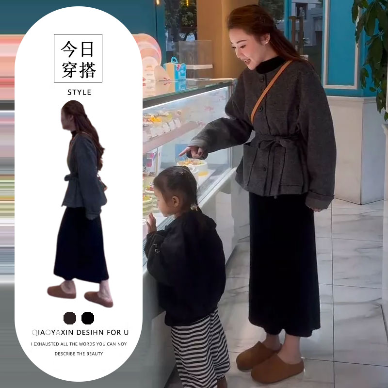 时尚小个子气质收腰系带呢子外套百搭半身裙港味别致百搭两件套潮