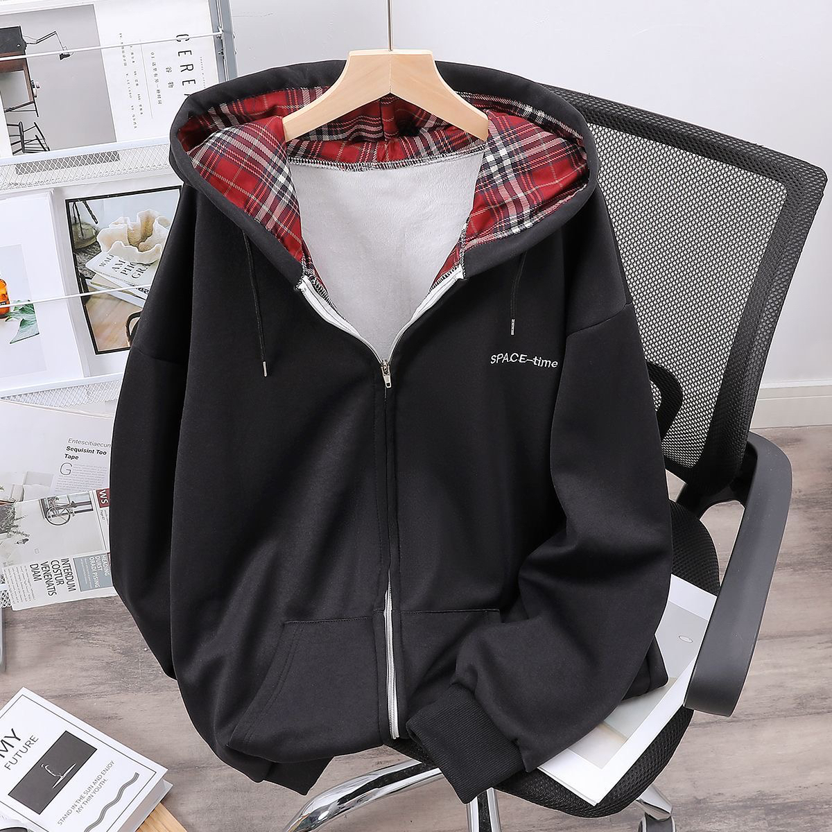 美式慵懒风国潮复古格子拼接卫衣开衫男女情侣独特超好看连帽外套