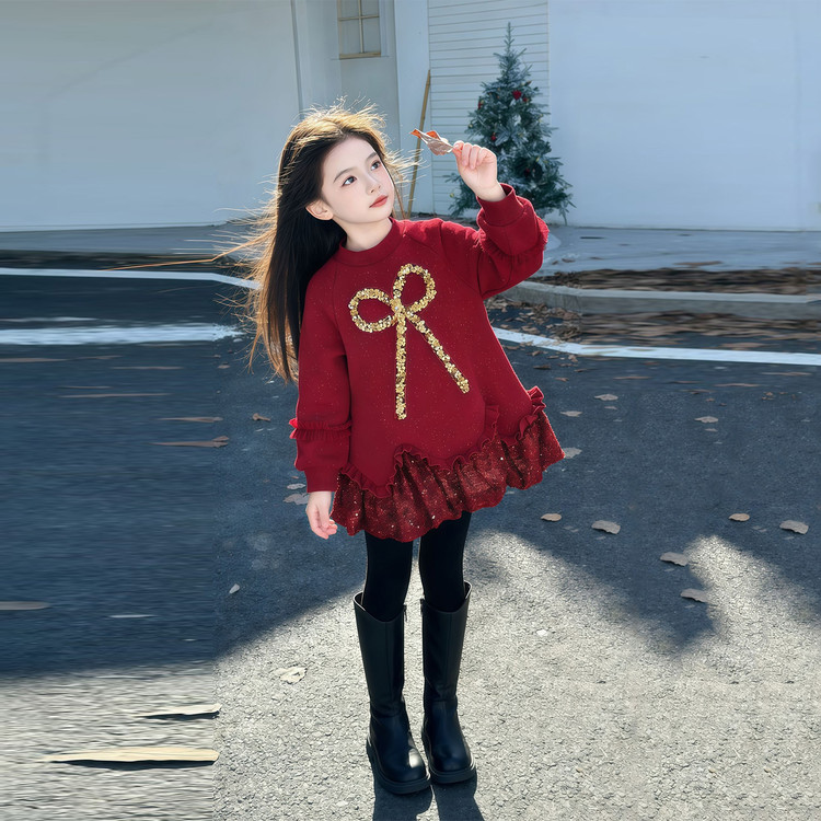 女童加绒连衣裙女孩公主新款红色洋气新年儿童小女孩亮片裙子拜年