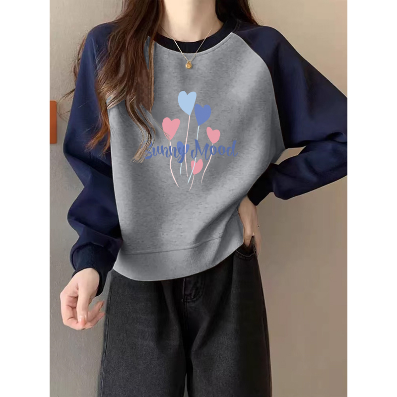 美式复古插肩长袖加绒卫衣女秋冬短款小个子宽松套头外套爆款上衣