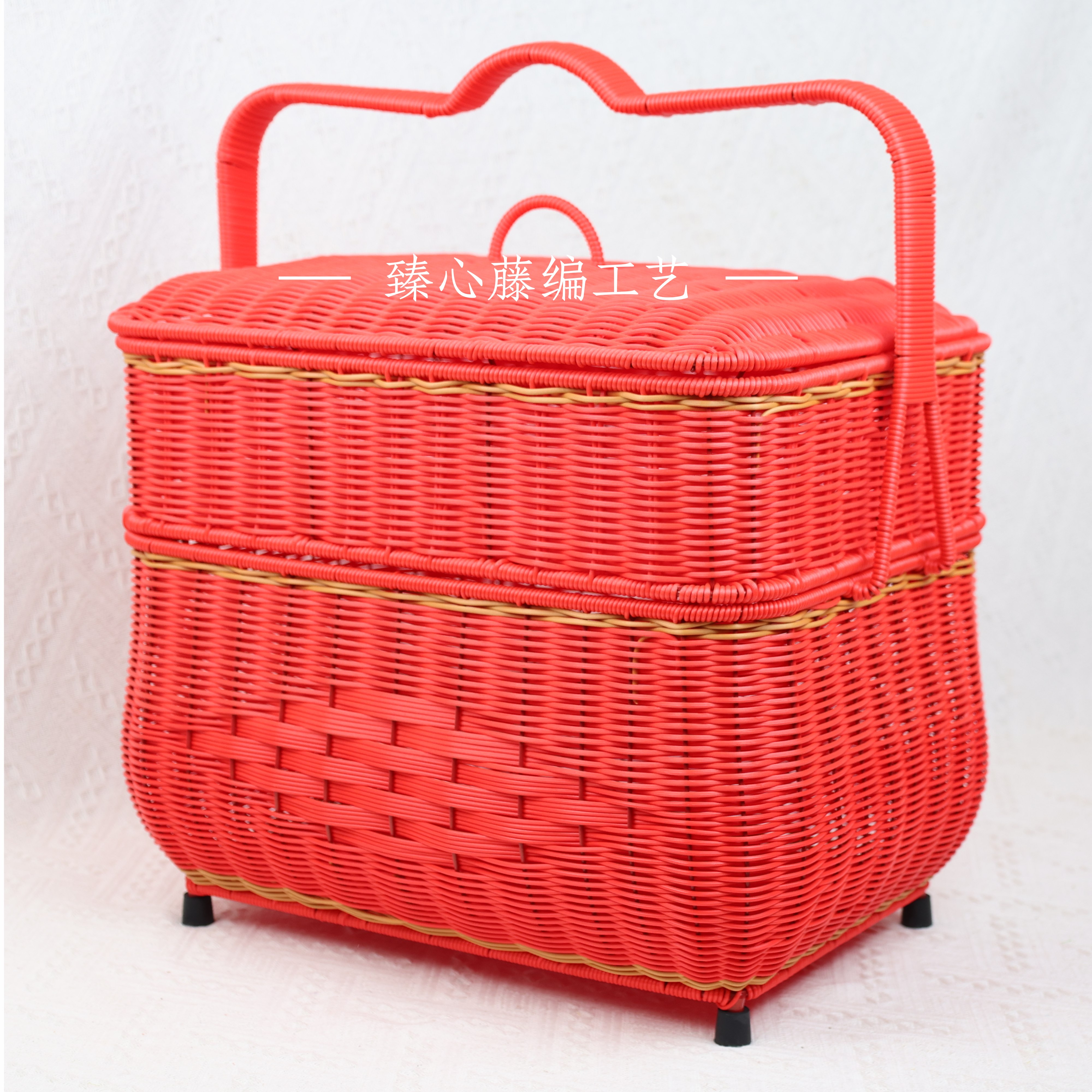 TF33红色方双层电车款】拜拜篮野餐拜神拜山祭祖篮家用囍事篮仿藤