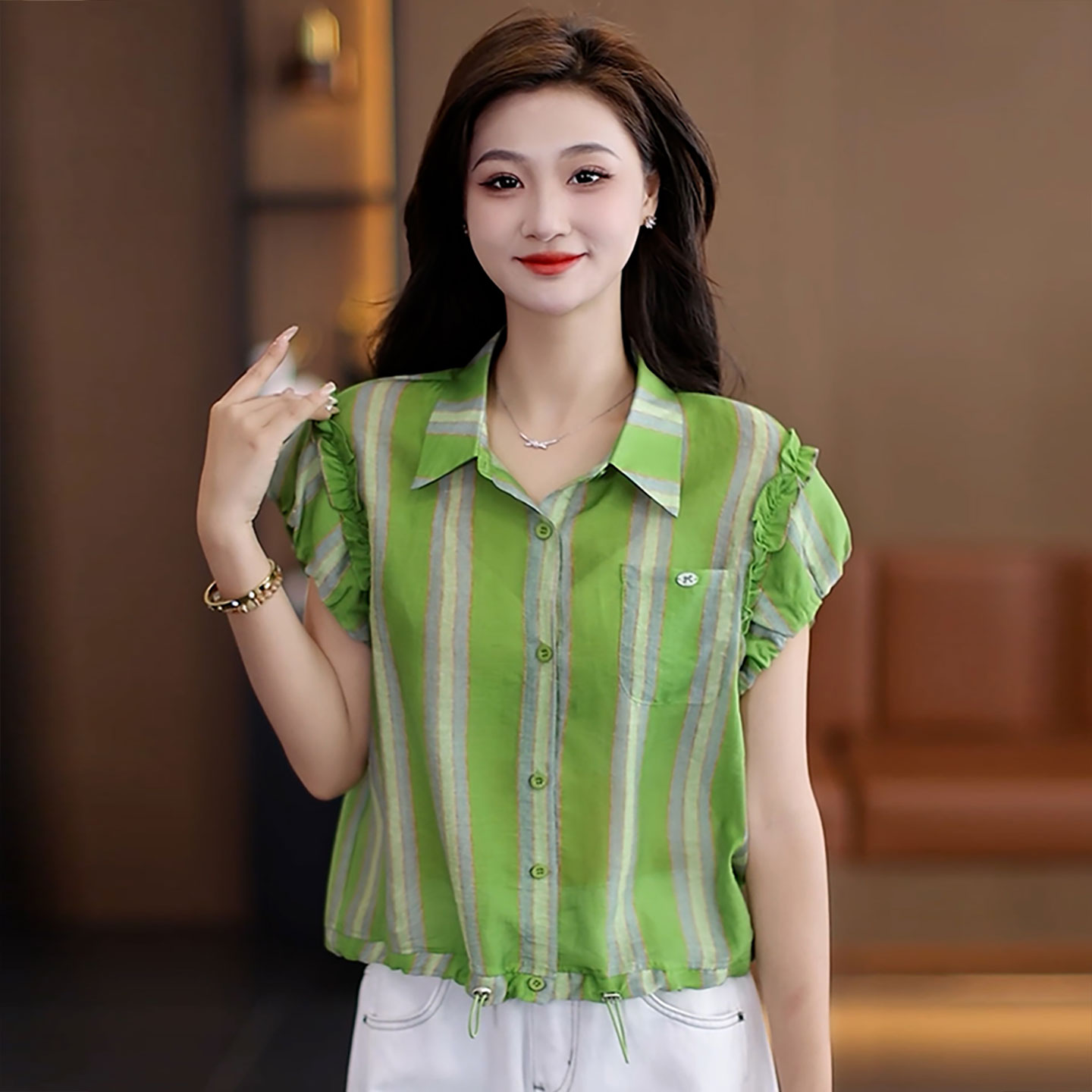 韩版法式木耳边短袖衬衣女2025夏季新款时尚小衫宽松条纹百搭衬衫