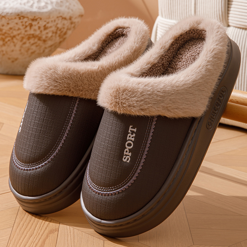 防水皮面棉拖鞋男款2025新款爆款冬季室内加绒加厚情侣保暖毛拖女