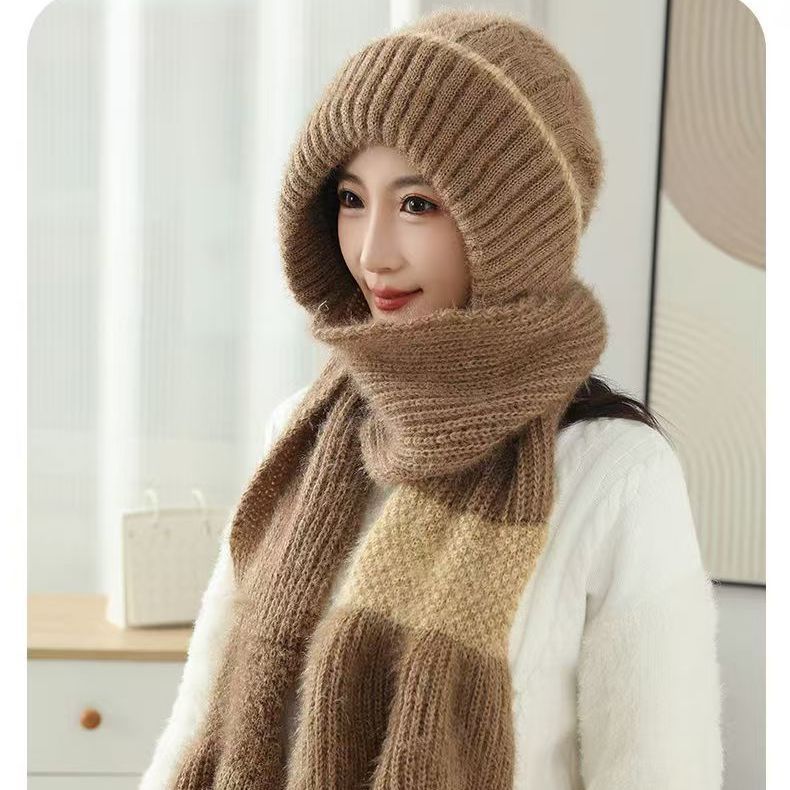 新款冬季针织风雪帽骑车保暖连体套装护耳包头帽女帽子围巾一体帽