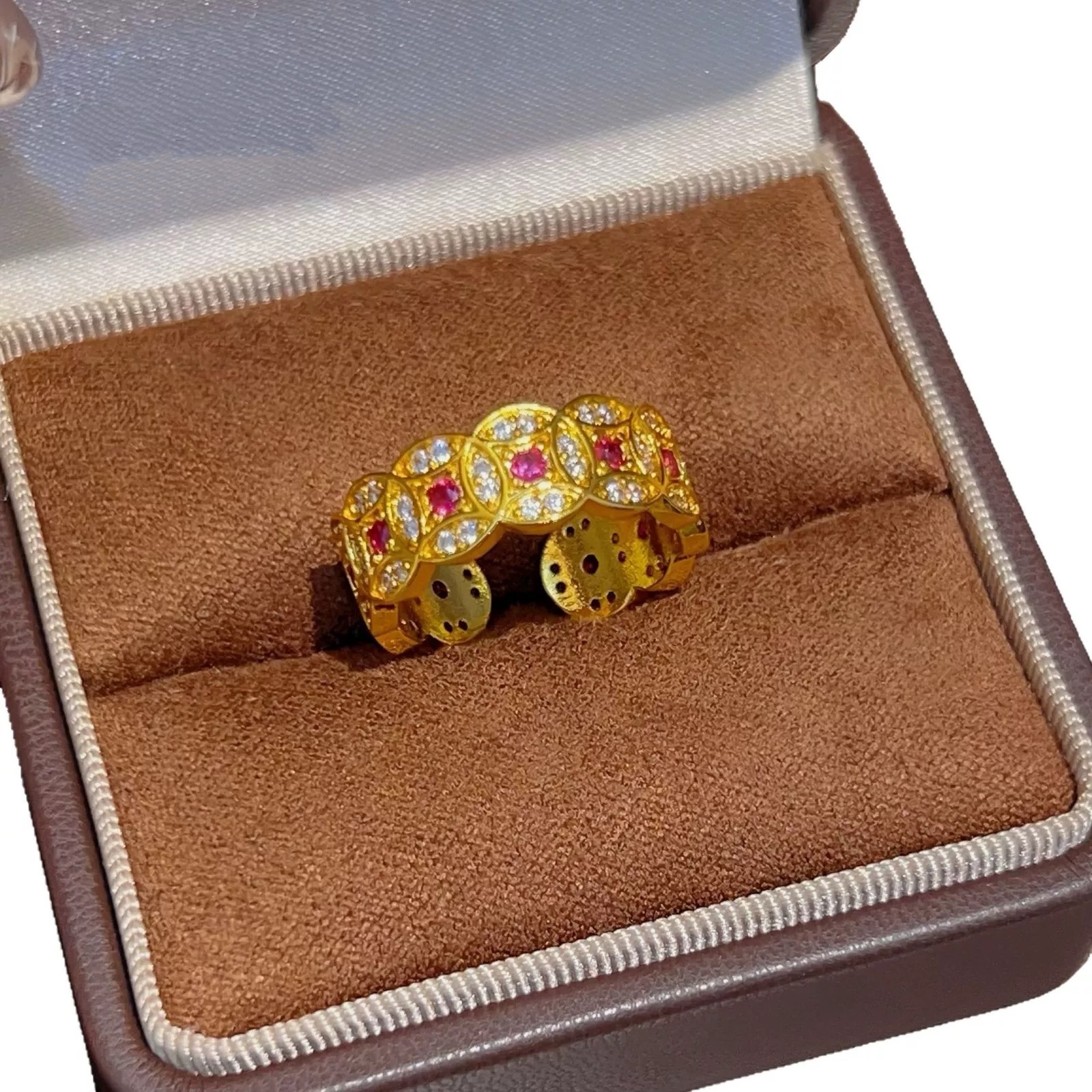 铜合金合成锆石戒指 新中式钱币戒指新款钱多多指环开口可调节