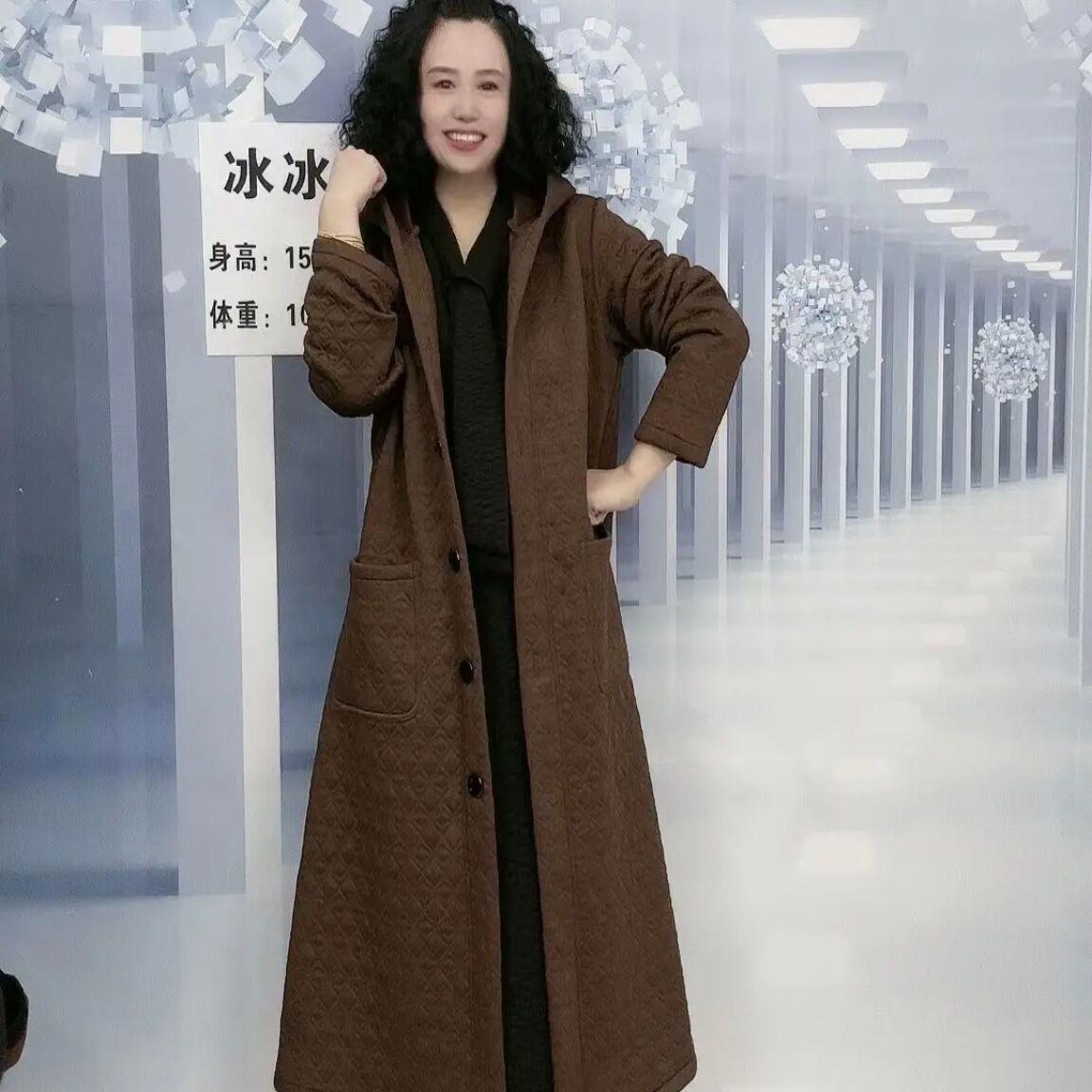 秋冬加保暖时尚气质连帽长款风衣开衫加肥加大码中长款外套大衣