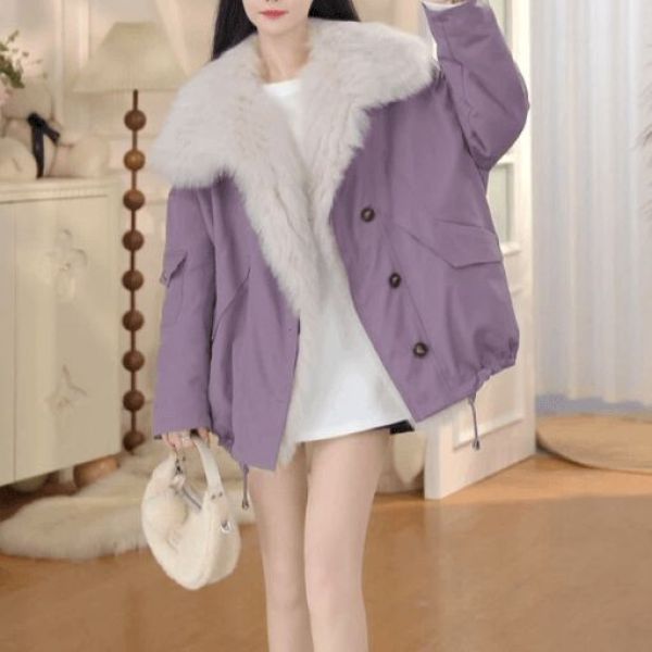 冬季大翻领韩系减龄棉服女2025新款百搭休闲纯色夹棉短外套