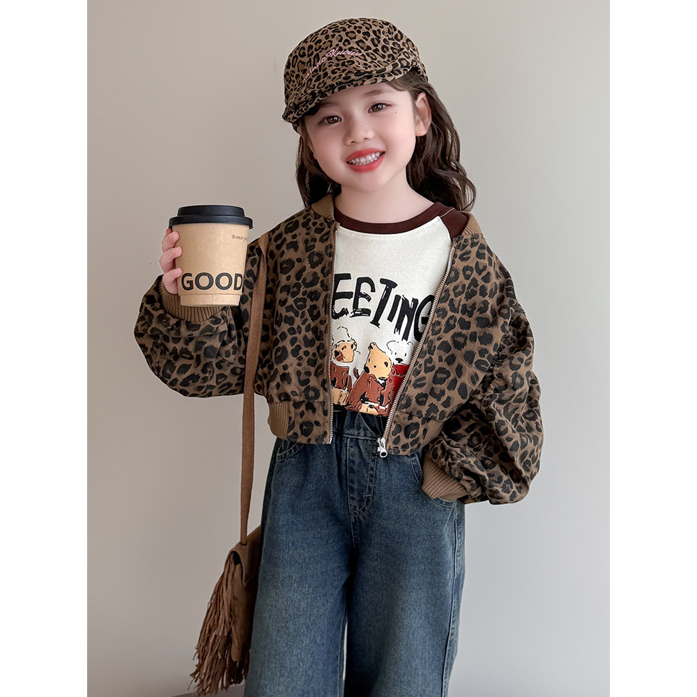女童韩系豹纹夹克衫外套春秋季2025新款儿童宝宝短款网红炸街上衣