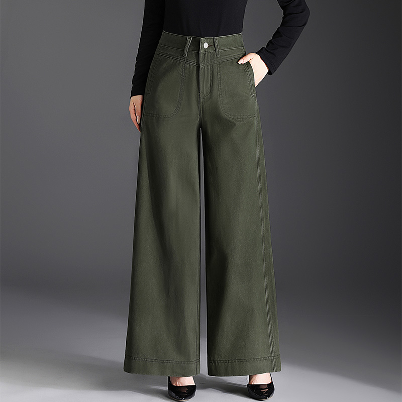 2025春秋新款休闲裤女裤高腰阔腿裤宽松直筒长裤休闲时尚军绿色裤