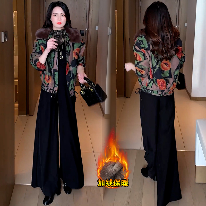 加绒加厚印花短外套女2025冬季新款洋气休闲百搭保暖夹克棉袄上衣