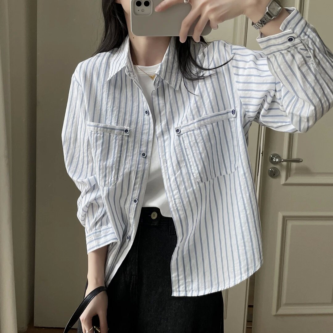 防晒衬衣女2025夏季新款韩版宽松百搭高级感小众双口袋条纹衬衫潮