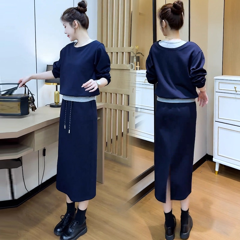时尚套装裙女秋季新款洋气质显瘦假两件拼接卫衣半身裙休闲两件套