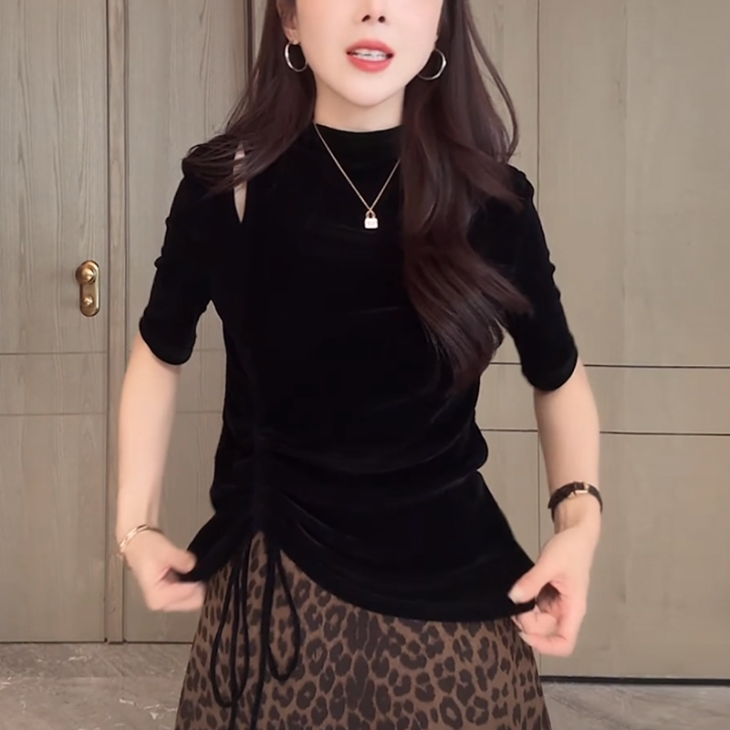 女士丝绒黑色t恤2025秋季新款时尚减龄显瘦抽绳半高领打底衫上衣