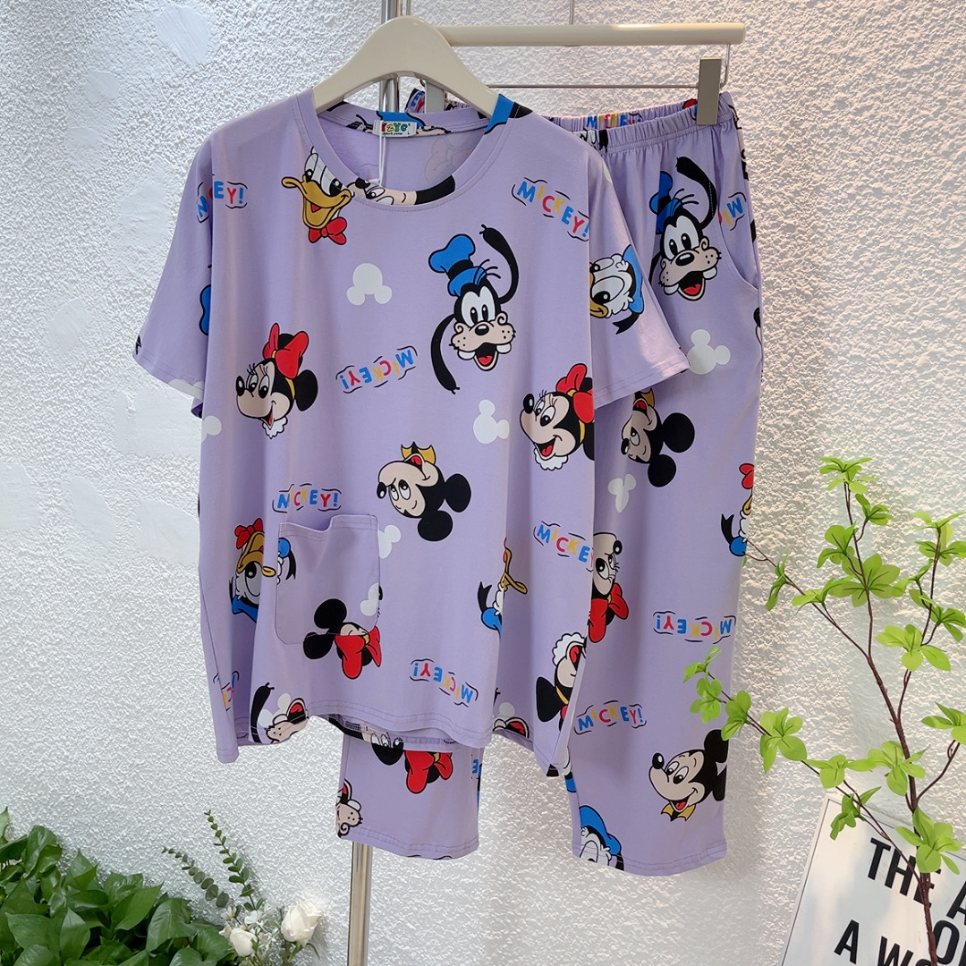 夏季薄款短袖八分裤睡衣套装女宽松大码家居服棉质弹力卡通圆领新