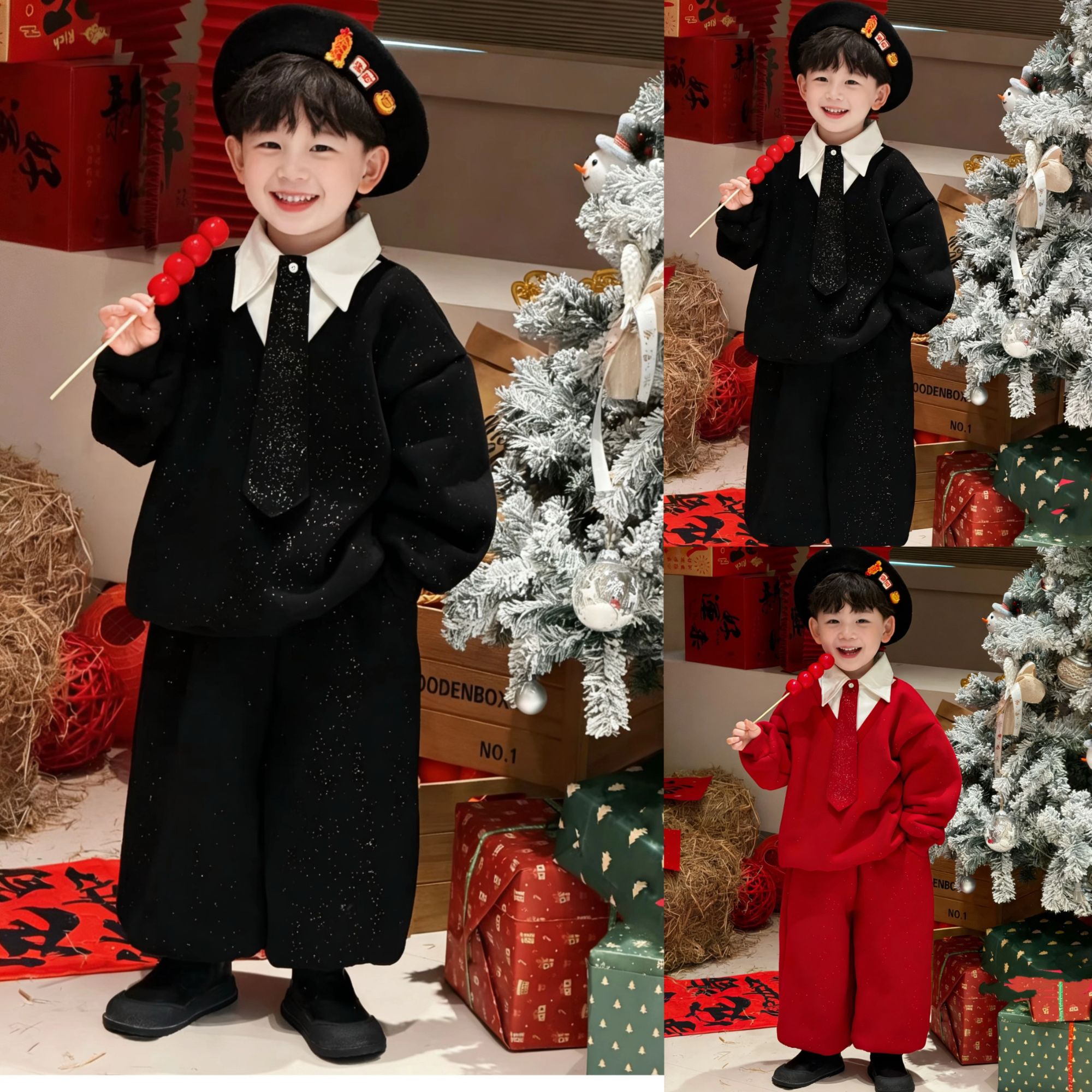 儿童拜年男童学院风加绒加厚套装宝宝过年服假两件细闪领带两件套