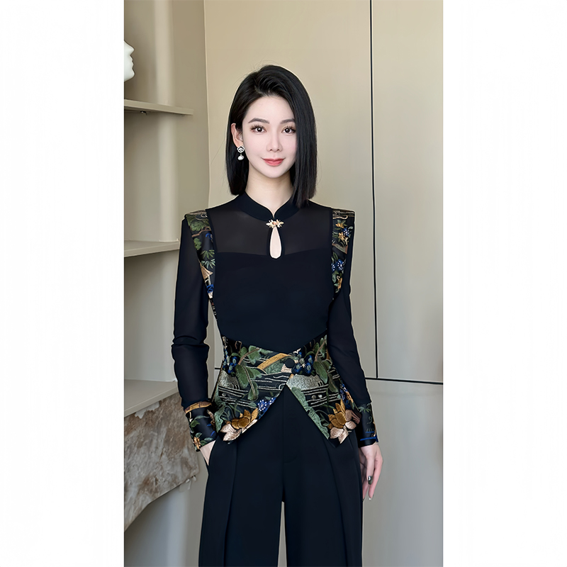 格娜2025秋季新款黑色新中式长袖拼接时尚休闲设计感小众气质衬衫